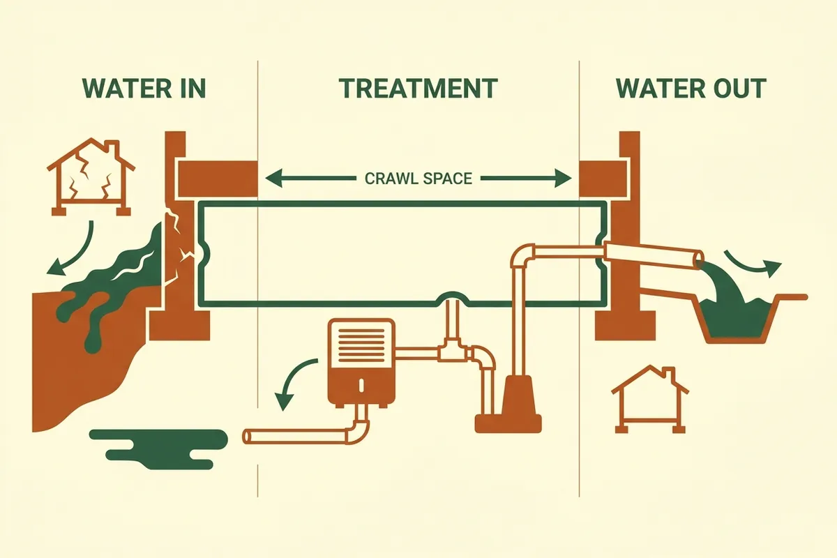 Diagram of closed crawl space layers: drainage, liner, sealed vents, dehumidifier